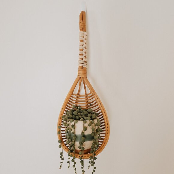 Hanging planter cache-pot rattan bamboo wicker ceramic pot macramé hook - Picture 1 of 7